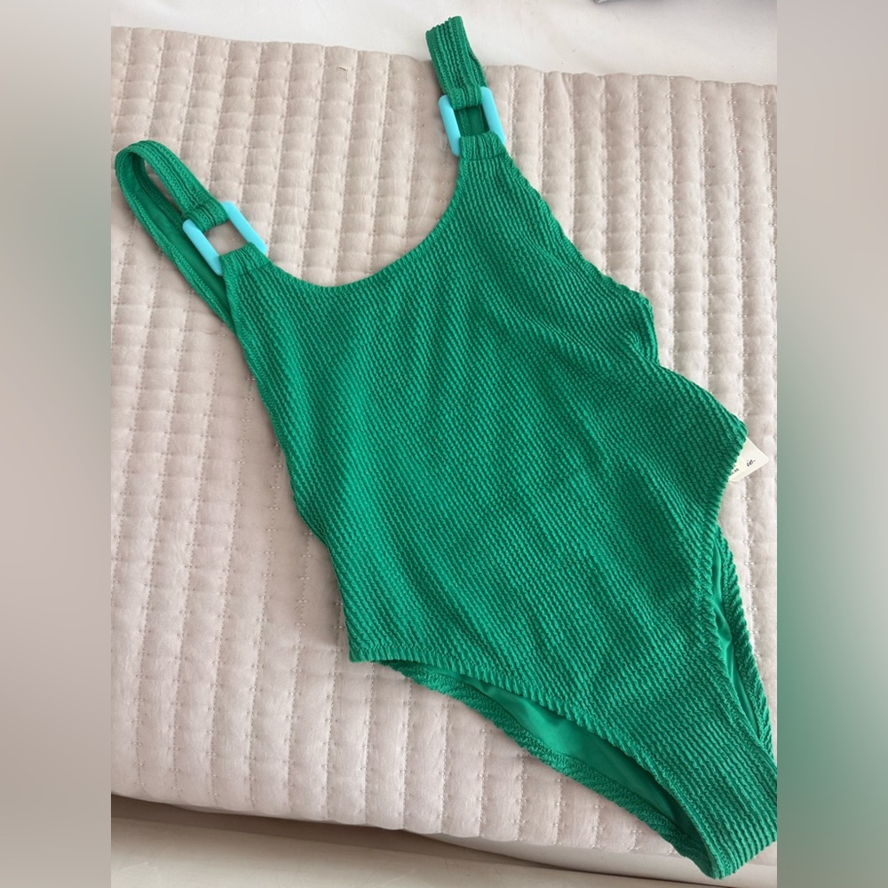 Aerie Green Textured One-Piece Swimsuit with Blue Strap Accents